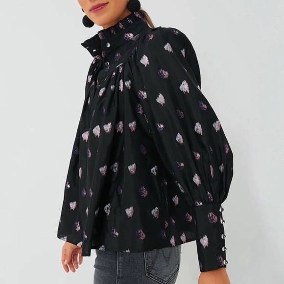 Tuckernuck Black Pink Blurred Dot Fil Coupe Corrigan Blouse Button Sleeve - Picture 2 of 10